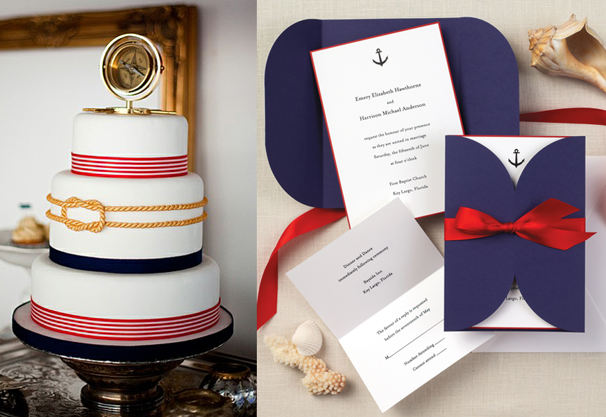 The nautical feel of this wedding invitation carries over to the cake with 